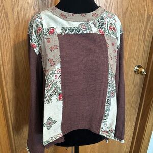 POL Floral Patchwork Long Sleeve Top - Brown and Cream